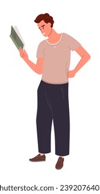 Education hobby concept with a man standing and reads book. Vector illustration