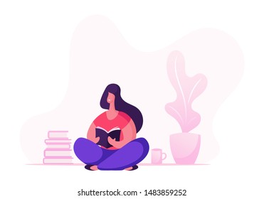 Education Hobby Concept. Woman Sitting on Floor with Cup of Tea Reading Book. College or University Student Prepare to Exam, Back to School Character Gaining Knowledge Cartoon Flat Vector Illustration