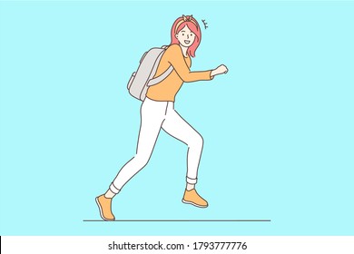 Education, holiday, joy, happiness, motion concept. Young happy smiling cheerful schoolgirl child student cartoon character with backpack running home after college classes. Excitement about weekend.