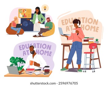 Education at home cartoon scene with happy people characters studying online at mentoring course. Satisfied man and woman student participating in e-learning training program vector illustration