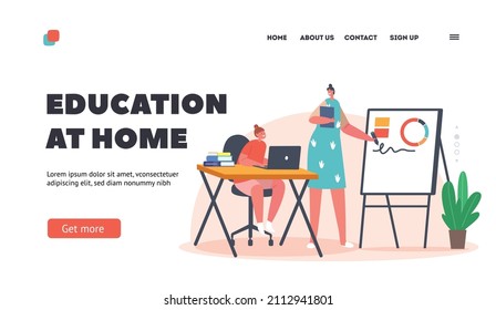 Education Home Landing Page Template. Mother Character Help Daughter with Homework. Child Sitting at Table with Laptop and Textbooks Listen Tutor or Parent at Board. Cartoon People Vector Illustration