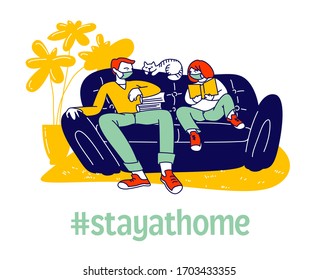 Education at Home on Quarantine, Homeschooling. Man and Little Schoolgirl in Medical Masks Sitting on Couch, Girl Reading Textbooks, Male Character Explain Lesson. Linear People Vector Illustration