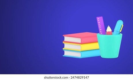 Education homework knowledge learning book stack and stationery in pencil holder realistic 3d icon vector illustration. Back to school graduation information studying university college lesson courses