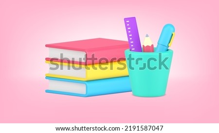 Education homework knowledge learning book stack and stationery in pencil holder realistic 3d icon vector illustration. Back to school graduation information studying university college lesson courses