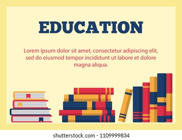 Education horizontal banner with different colorful stacked books flat vector illustration. Creative bright design for web site poster. Learning knowledge concept. Place for text