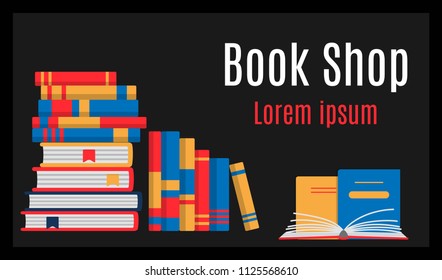 Education horizontal banner with different colorful stacked books flat vector illustration. Creative bright design for web site poster. Learning knowledge concept. Place for text