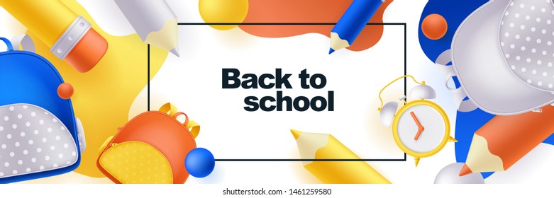 Education horizontal banner or poster white background. Vector 3d realistic illustration of school rucksack, pencils, alarm clock. Minimal modern back to school event concept.