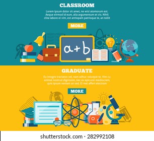 Education horizontal banner set with classroom and graduate elements isolated vector illustration