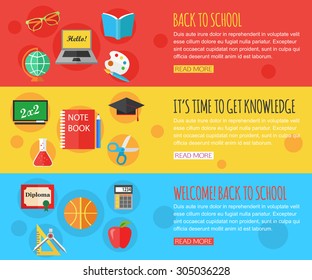 Education horizontal banners with computer, open book, desk, globe and other school supplies. Vector illustration