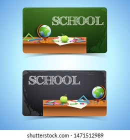 Education horizontal banners with hatching inscription realistic school supplies on table and chalkboard vector illustration