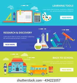 Education horizontal banners set with learning tools research and discovery back to school isolated vector illustration