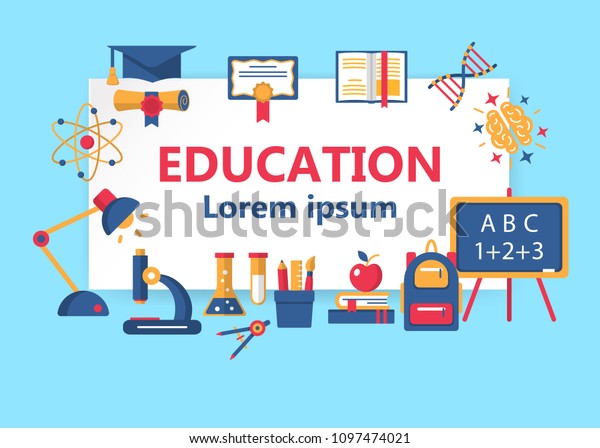 Education horizontal flat banner with different\
school university supplies vector illustration. Diploma blackboard\
microscope brain colorful icons. Knowledge and learning concept\
frame. Place for\
text