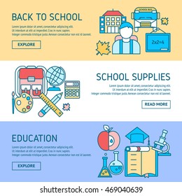 Education horizontal linear banners with back to school student supplies scientific disciplines isolated vector illustration