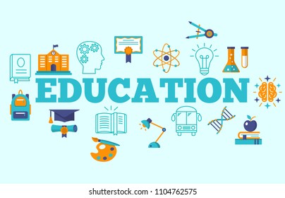 Education horizontal poster with flat outline icons of various school supplies tools vector illustration. Schoolbus bag diploma symbols. Learning education concept. Isolated on light blue background