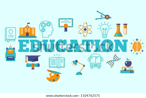 Education horizontal poster with flat outline\
icons of various school supplies tools vector illustration.\
Schoolbus bag diploma symbols. Learning education concept. Isolated\
on light blue\
background
