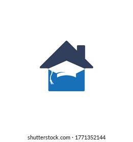 Education house shape logo design. Graduation cap and house icon. Education vector design template.	