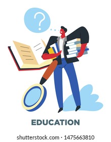 Education, human need, studying and reading, man with books vector. Textbooks and magnifier, learning and studying, knowledge. Academical degree achieving, personal development, school and university