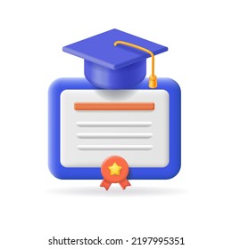 Education icon. 3d Achievement, award, grant, diploma certificate with graduation cup icon. Graduate in a hat vector