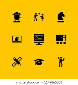 education icon. 9 education set with laptop, online question, school and chess vector icons for web and mobile app