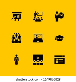 education icon. 9 education set with teacher, podium, class and presentation vector icons for web and mobile app