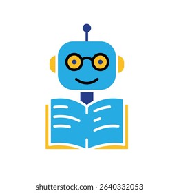 education icon. AI Tutor or Smart Assistant. Cute robot with glasses and open book icon. smart, learning, clever. Flat design style