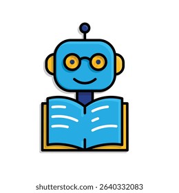 education icon. AI Tutor or Smart Assistant. Cute robot with glasses and open book icon. smart, learning, clever. isometric design style