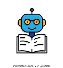 education icon. AI Tutor or Smart Assistant. Cute robot with glasses and open book icon. smart, learning, clever. Mixed design style