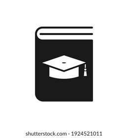 Education icon, black book and graduation cap. Learning, high. Flat design style