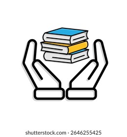 education icon. book or ebook in hand. three stacked books. smart, learning, clever. Mixed design style