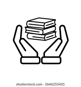 education icon. book or ebook in hand. three stacked books. smart, learning, clever. Outline design style