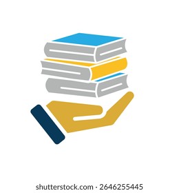 education icon. book or ebook in hand. three stacked books. smart, learning, clever. Flat design style