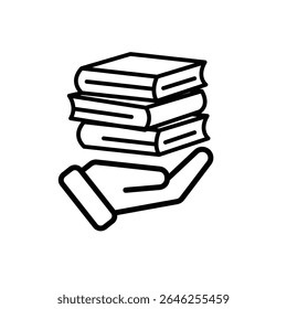 education icon. book or ebook in hand. three stacked books. smart, learning, clever. Outline design style