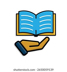 education icon. book in hand. open book with writing inside. smart, learning, clever. isometric design style