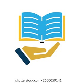 education icon. book in hand. open book with writing inside. smart, learning, clever. flat design style