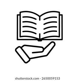 education icon. book in hand. open book with writing inside. smart, learning, clever. outline design style