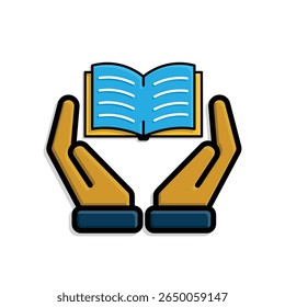 education icon. book in two hand. open book with writing inside. smart, learning, clever. isometric design style