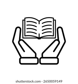 education icon. book in two hand. open book with writing inside. smart, learning, clever. outline design style