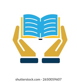 education icon. book in two hand. open book with writing inside. smart, learning, clever. flat design style