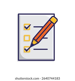 education icon. check mark. book or paper with pencil is checking. smart, learning, clever. isometric design style