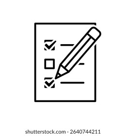education icon. check mark. book or paper with pencil is checking. smart, learning, clever. Outline design style
