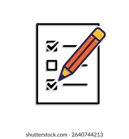 education icon. check mark. book or paper with pencil is checking. smart, learning, clever. Mixed design style