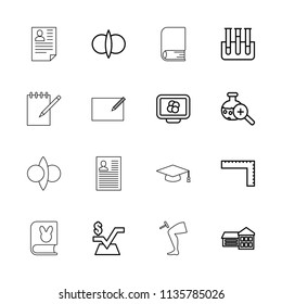 Education icon. collection of 16 education outline icons such as ruler, mathematical square, school, atom fusion, atom on display. editable education icons for web and mobile.