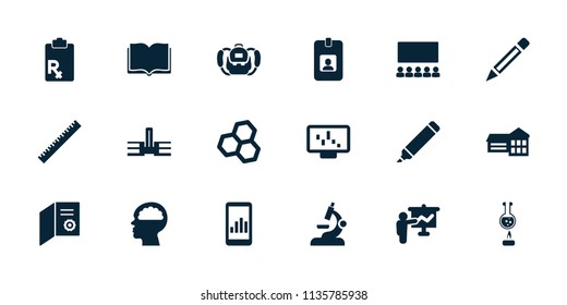 Education icon. collection of 18 education filled icons such as ruler, school, diploma, chemical structure, graph on display. editable education icons for web and mobile.