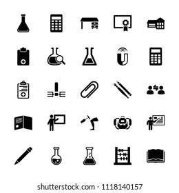 Education icon. collection of 25 education filled icons such as office desk, abacus, teacher, school, medical clipboard. editable education icons for web and mobile.