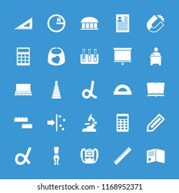Education icon. collection of 25 education filled icons such as pencil, observatory, backpack, book, protractor, calculator. editable education icons for web and mobile.