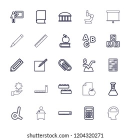 Education icon. collection of 25 education outline icons such as pencil, observatory, abc cube, child building kit. editable education icons for web and mobile.