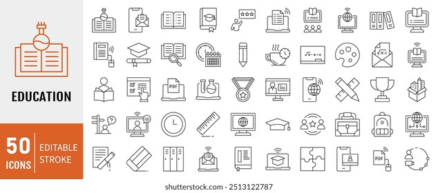 Coleção de ícones de educação. Contendo o ensino à distância, sala de aula virtual, curso on-line, ícone de e-learning. Ilustração de vetor de linha simples.
