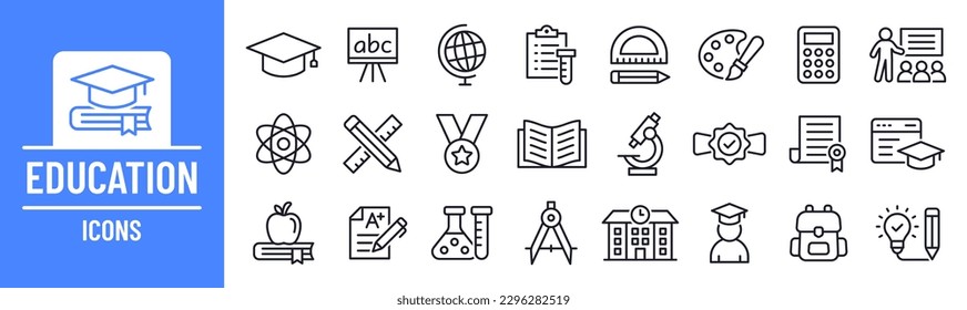 Colección de iconos de educación. Contiene íconos de Aprendizaje, Estudio, Conocimiento, Estudiantes y Escuelas. Conjunto de iconos de esquema. Ilustración vectorial.