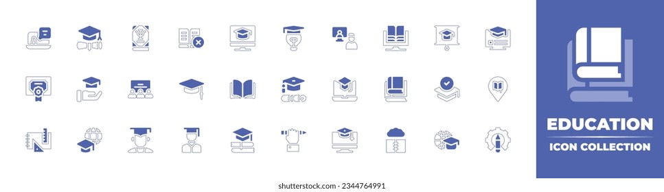 Education icon collection. Duotone style line stroke and bold. Vector illustration. Containing lecture, education, psychology, no, online, course, license, classroom, mortarboard, open, and more.