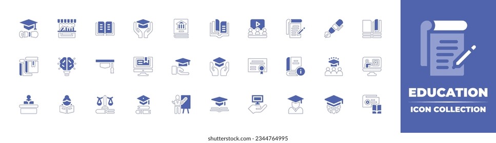 Education icon collection. Duotone style line stroke and bold. Vector illustration. Containing graduate, book, fair, open, education, braille, learning, conspectus, books, idea, cap, online, and more.